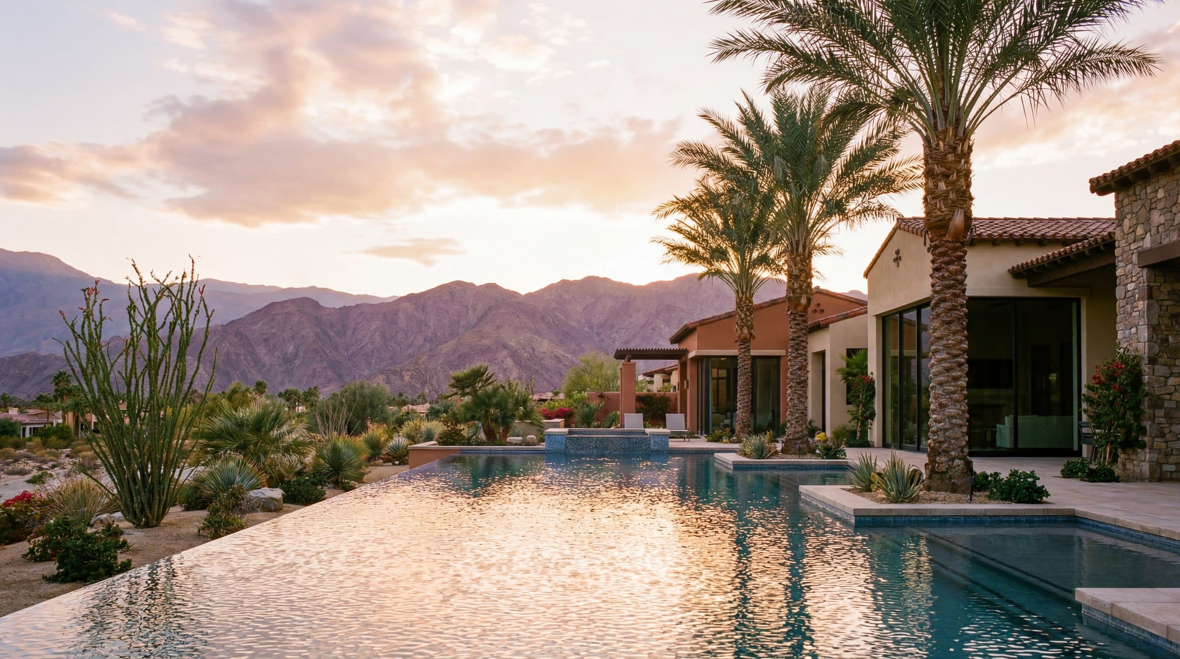 Desert pool at sunset with warm golden light reflecting off the water